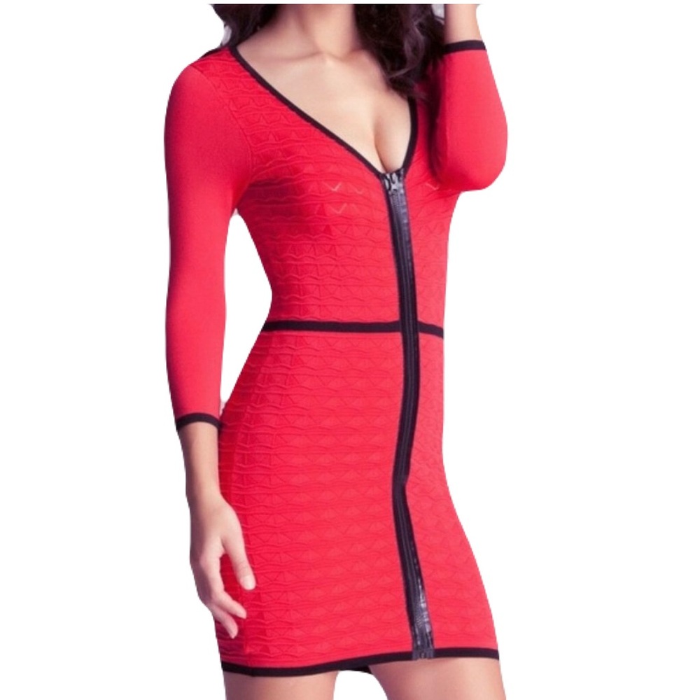 Bebe Contrast Zip Front Textured Stretch Dress, Red Black, XS